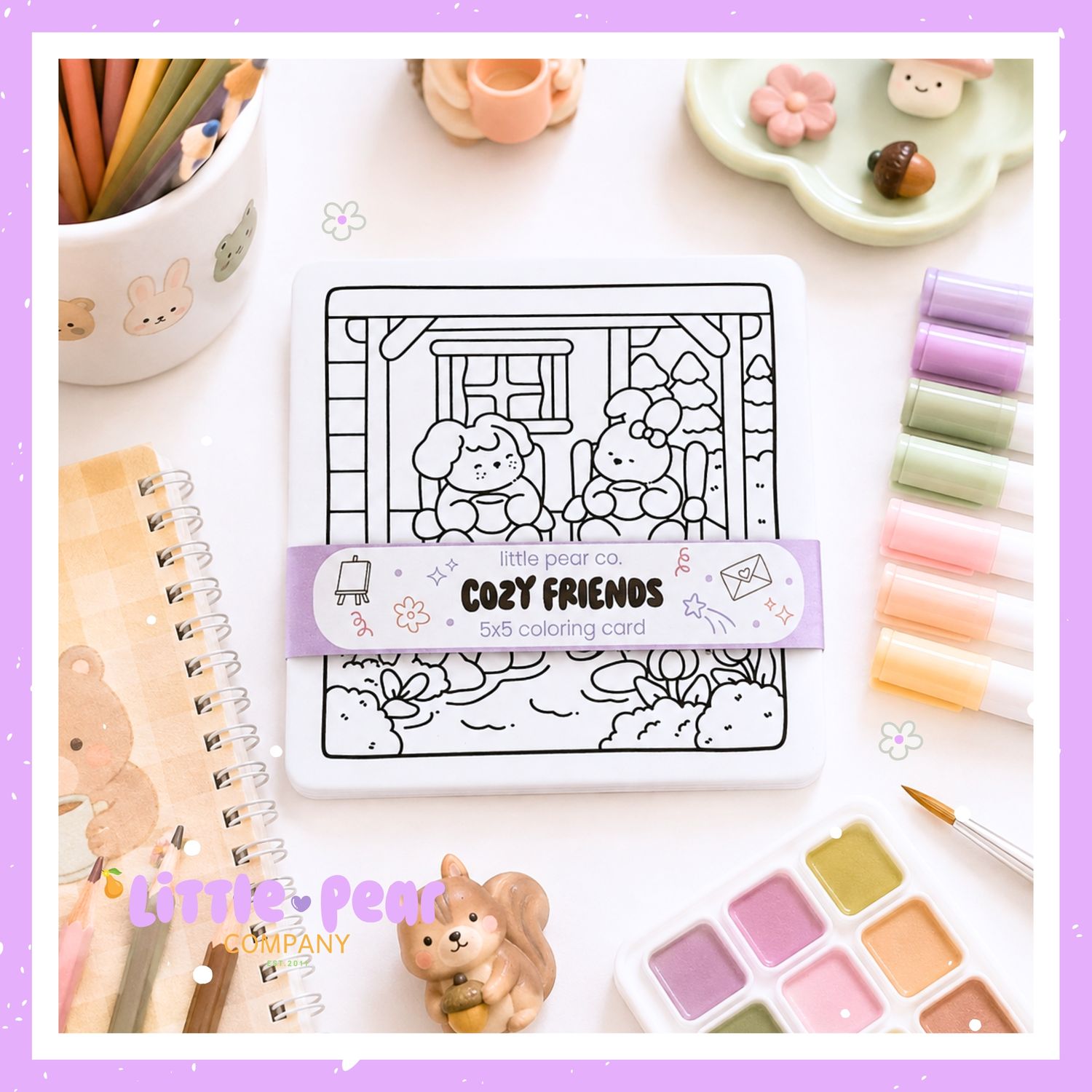 Kawaii Cozy Coloring Cards - Kid + Adult Coloring Card Set - Cozy Friends 5x5 -Cute Coloring Cards