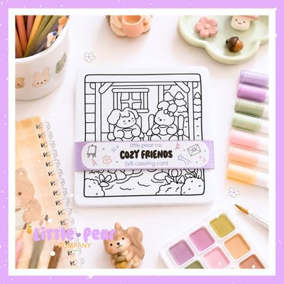 Kawaii Cozy Coloring Cards - Kid + Adult Coloring Card Set - Cozy Friends 5x5 -Cute Coloring Cards