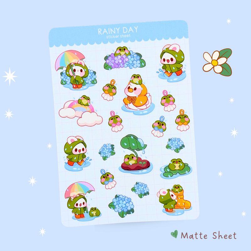 Rainy Day Bunny Sticker Sheet, Frog and Bunny Stickers, Spring/Summer White Rabbit Kawaii Stickers