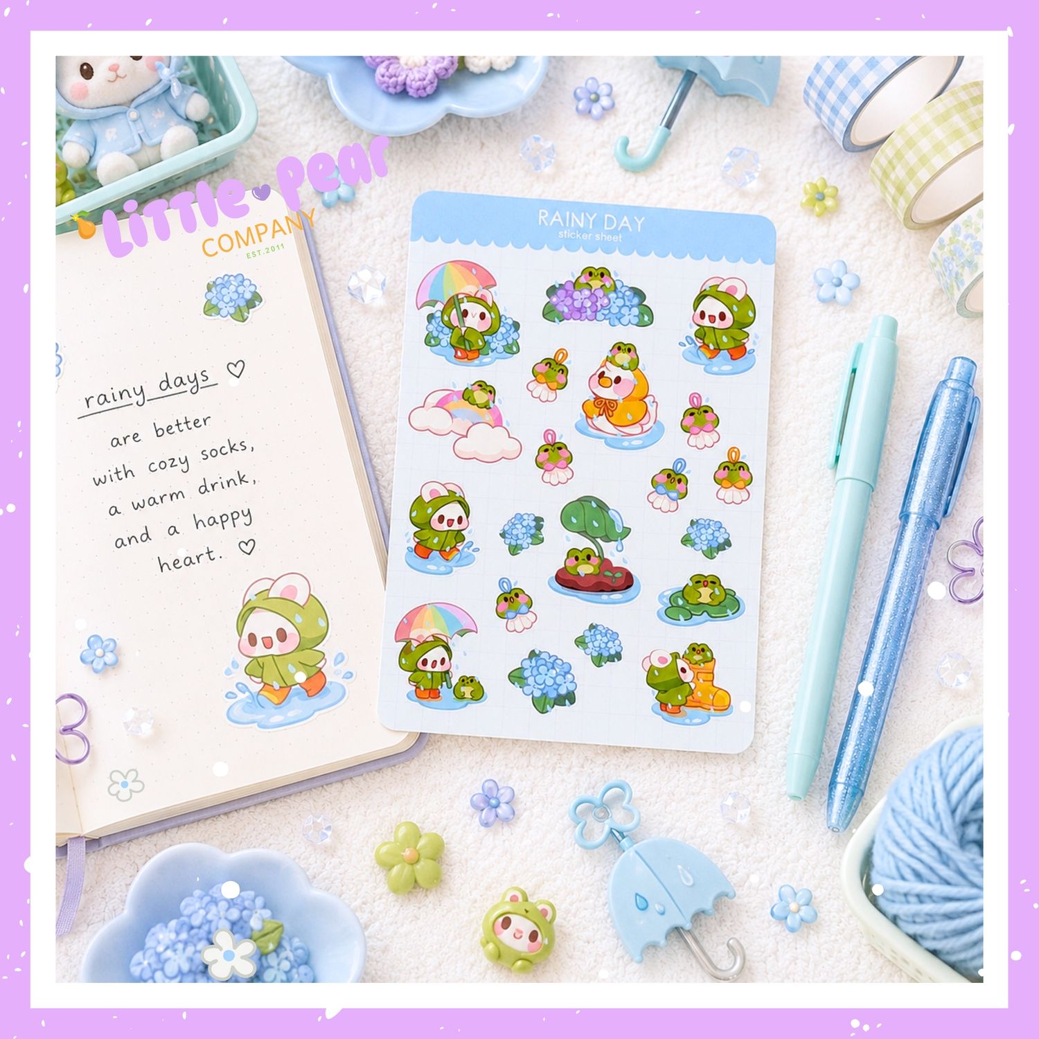 Rainy Day Bunny Sticker Sheet, Frog and Bunny Stickers, Spring/Summer White Rabbit Kawaii Stickers