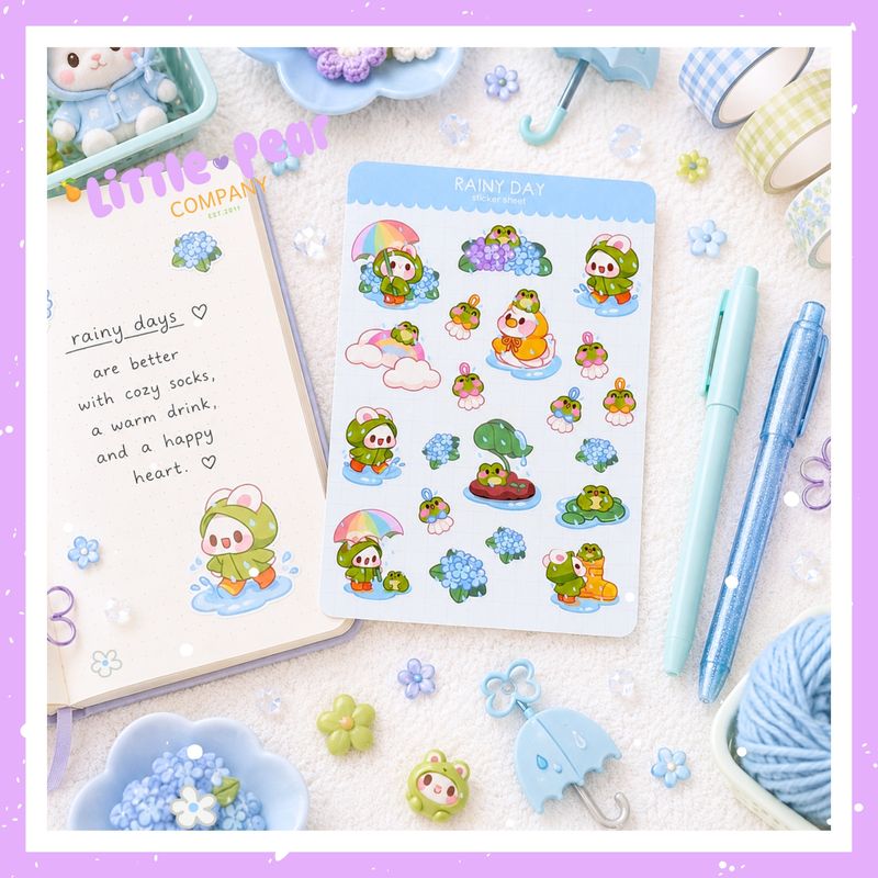 Rainy Day Bunny Sticker Sheet, Frog and Bunny Stickers, Spring/Summer White Rabbit Kawaii Stickers