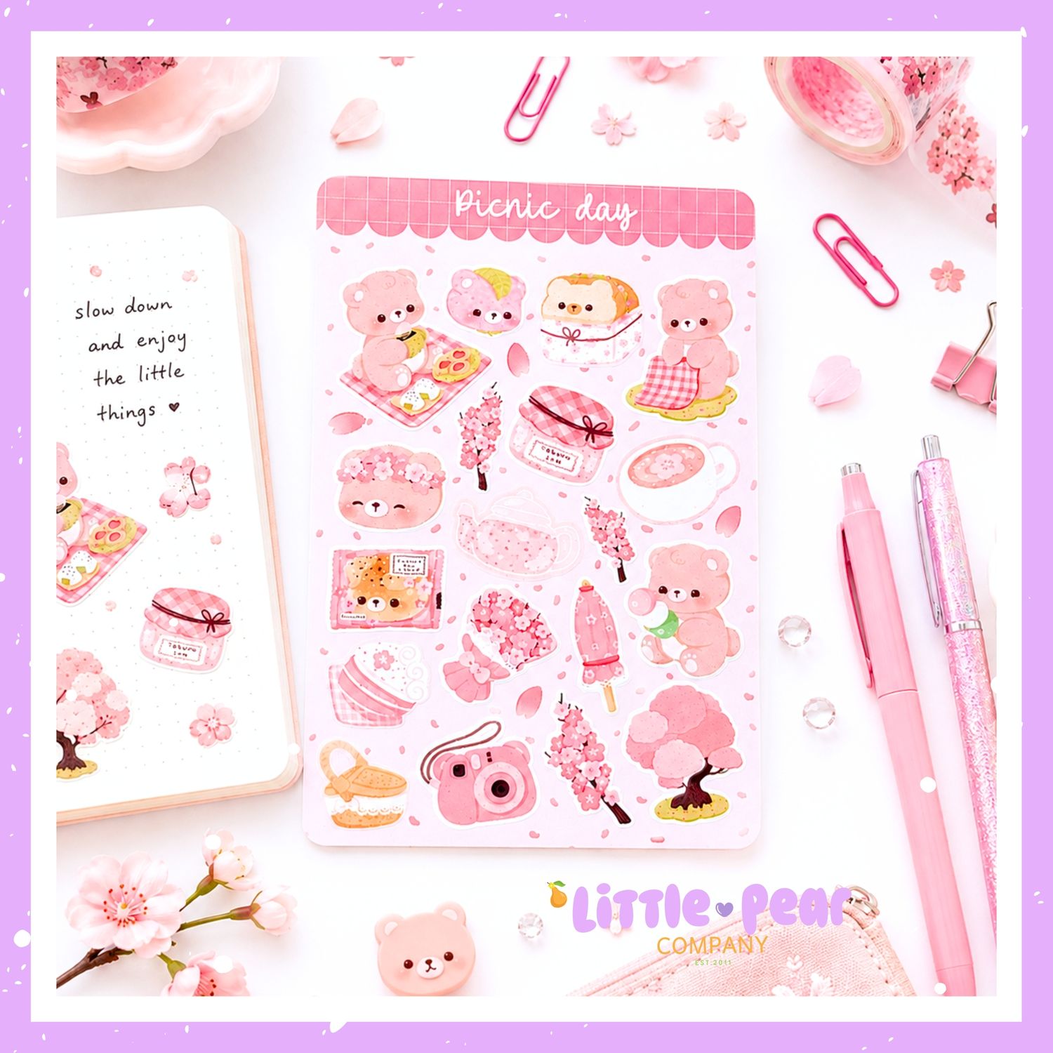 Pink Sakura Bear Sticker Sheet, Kawaii Bear Stickers, Cute Sakura Bear Picnic Stickers