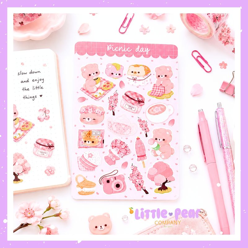 Pink Sakura Bear Sticker Sheet, Kawaii Bear Stickers, Cute Sakura Bear Picnic Stickers