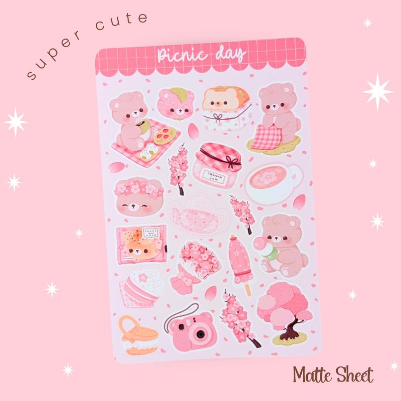 Pink Sakura Bear Sticker Sheet, Kawaii Bear Stickers, Cute Sakura Bear Picnic Stickers