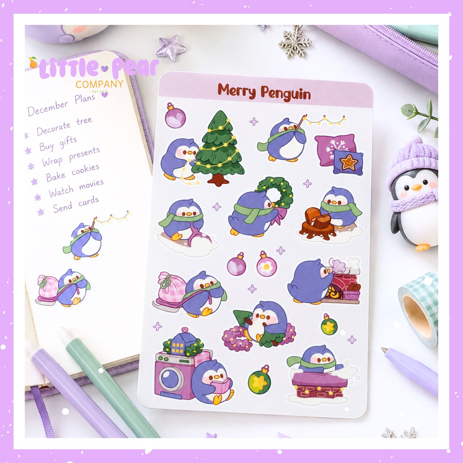 Christmas Penguin Sticker Sheet - Merry Penguin Sticker - Kawaii Winter Holiday Stickers