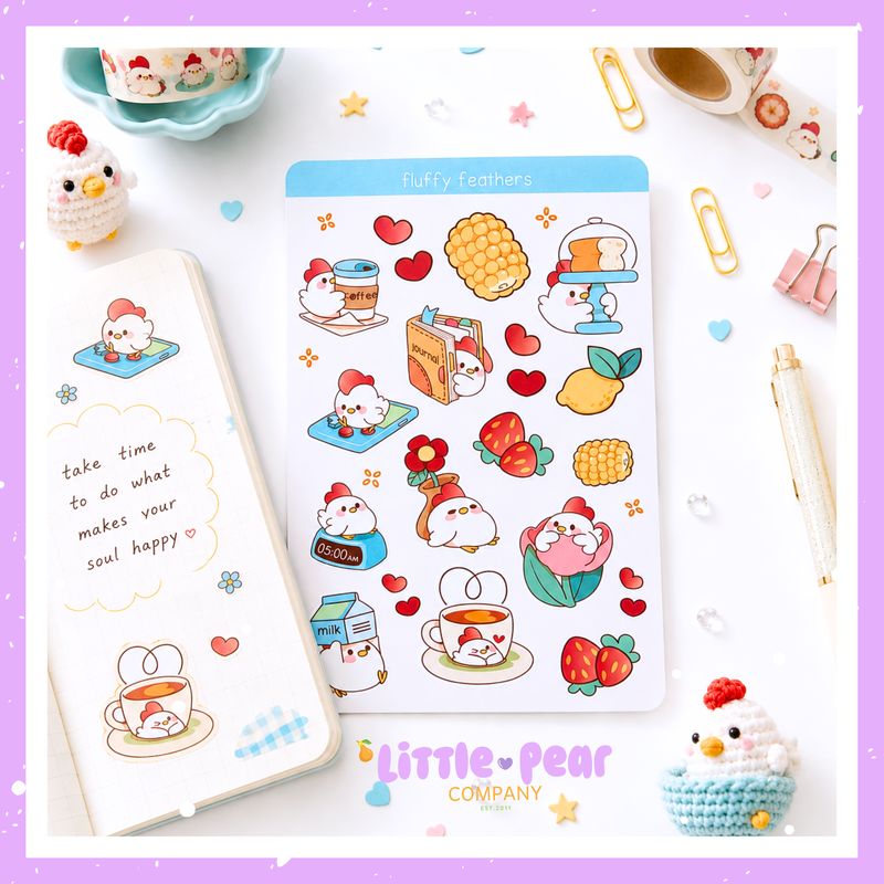 Kawaii Chicken Sticker Sheet -Cute Rooster Stickers - Cute Chick Stickers