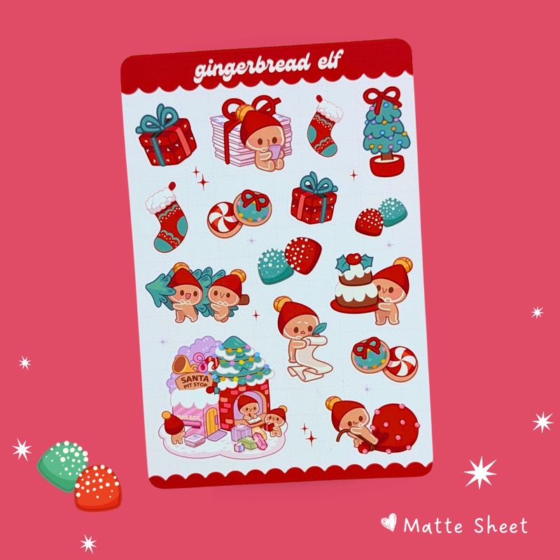 Red Gingerbread Elf Sticker Sheet - Holiday Stickers - Festive Kawaii Sticker Stationery
