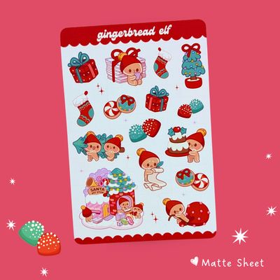 Red Gingerbread Elf Sticker Sheet - Holiday Stickers - Festive Kawaii Sticker Stationery