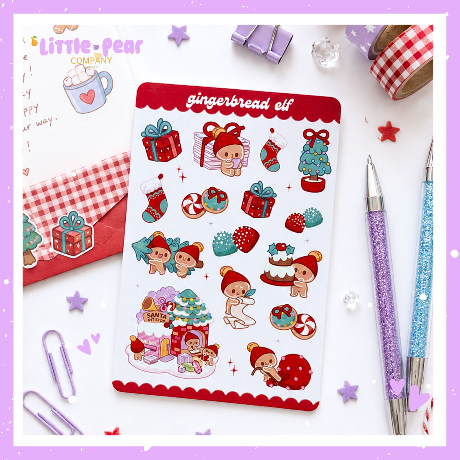 Red Gingerbread Elf Sticker Sheet - Holiday Stickers - Festive Kawaii Sticker Stationery