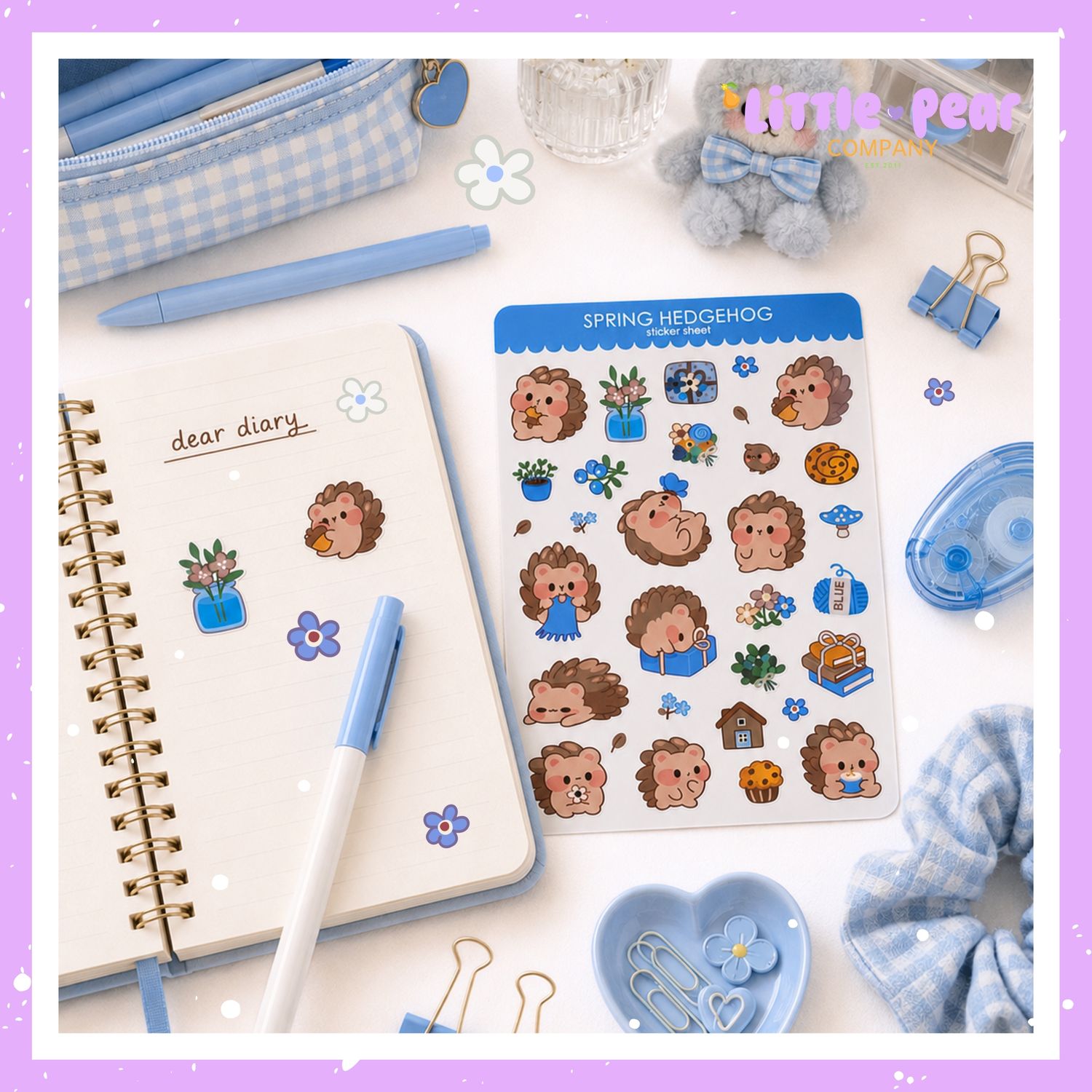 Hedgehog Sticker Sheet - Blue Hedgehog Stickers - Kawaii Stationery - Planner Stickers