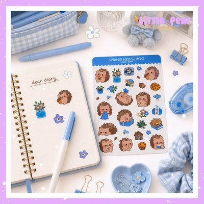 Hedgehog Sticker Sheet - Blue Hedgehog Stickers - Kawaii Stationery - Planner Stickers