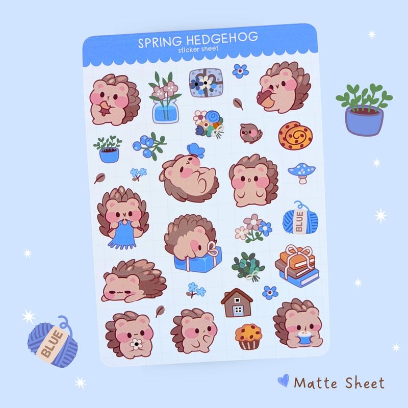 Hedgehog Sticker Sheet - Blue Hedgehog Stickers - Kawaii Stationery - Planner Stickers