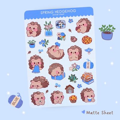 Hedgehog Sticker Sheet - Blue Hedgehog Stickers - Kawaii Stationery - Planner Stickers