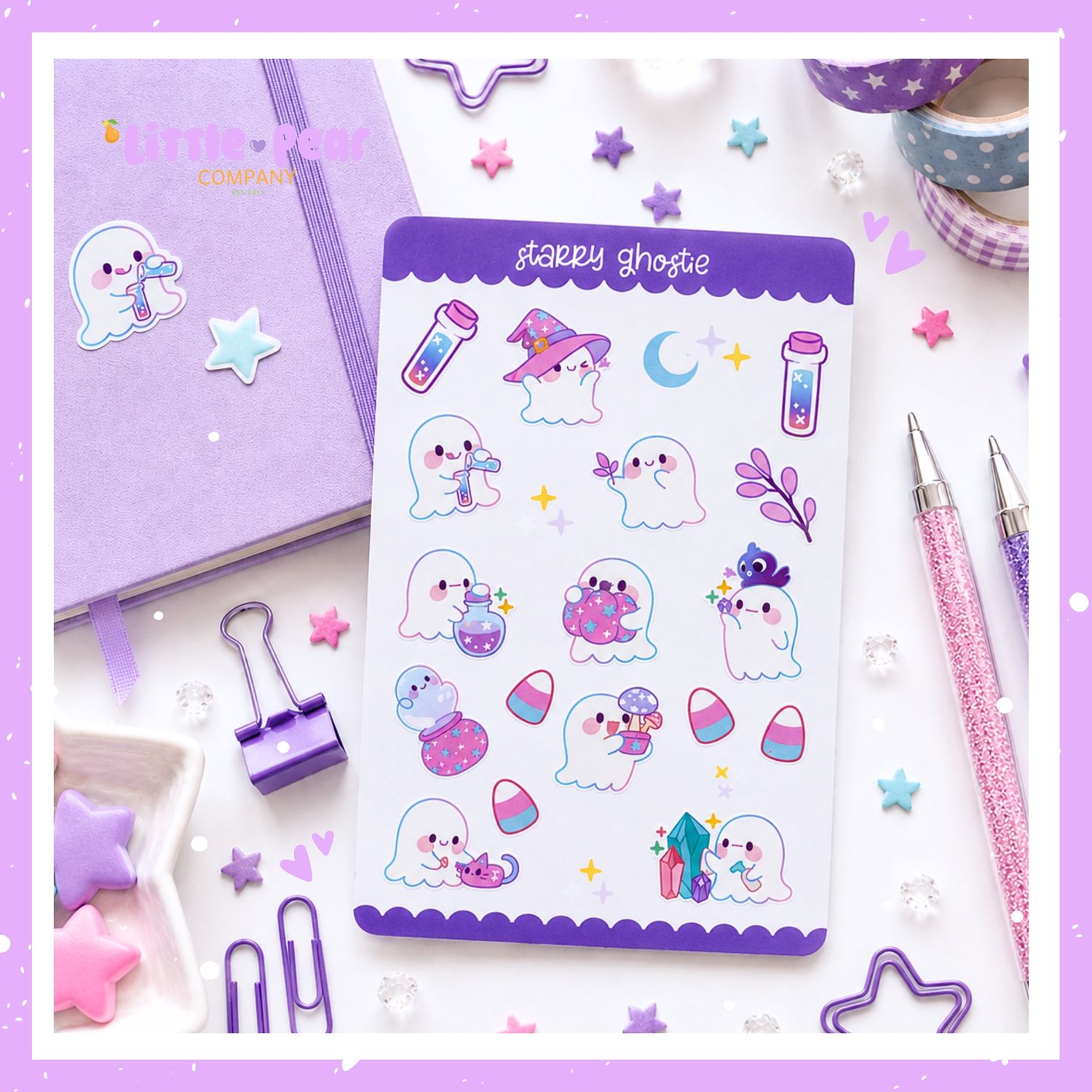 Purple Ghost Sticker Sheet - Starry Ghostie Spooky Season Stickers - Cute Kawaii Ghost Planner Decor
