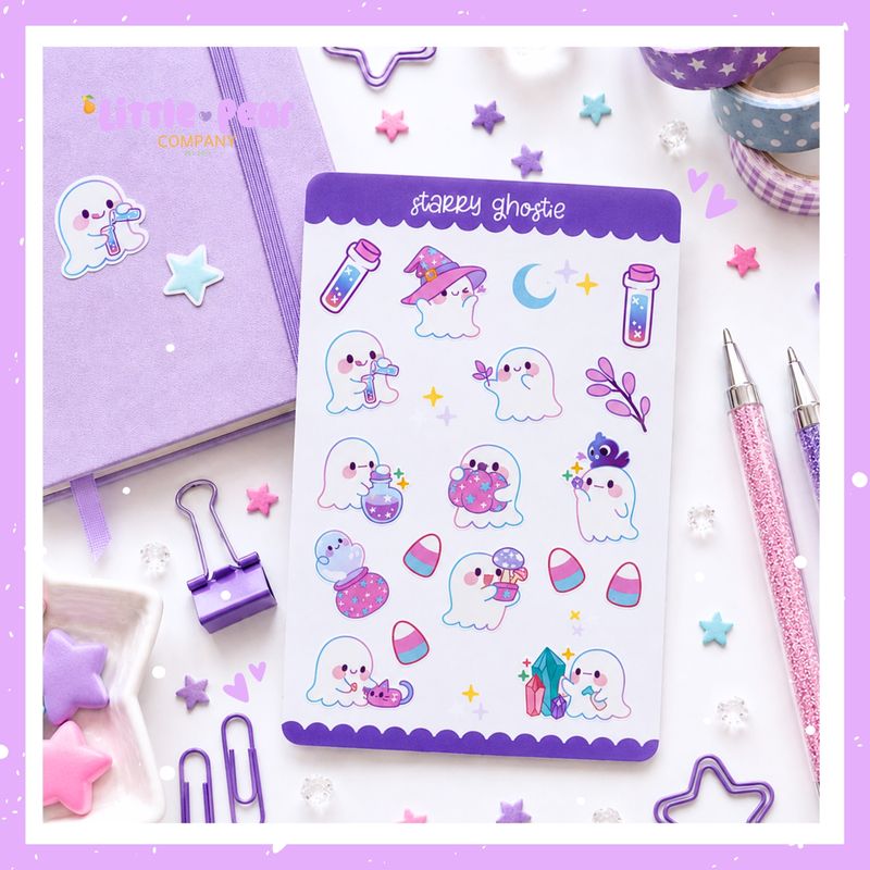 Purple Ghost Sticker Sheet - Starry Ghostie Spooky Season Stickers - Cute Kawaii Ghost Planner Decor