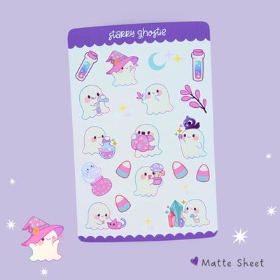Purple Ghost Sticker Sheet - Starry Ghostie Spooky Season Stickers - Cute Kawaii Ghost Planner Decor