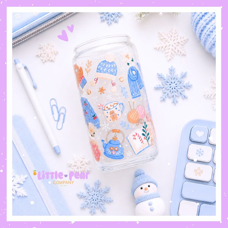 Blue Christmas Glass Cup - Cozy Coquette Girly Glass Can Cup