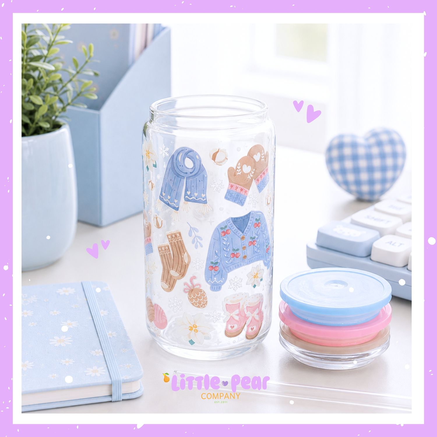 Blue Christmas Glass Cup - Cozy Coquette Girly Glass Can Cup