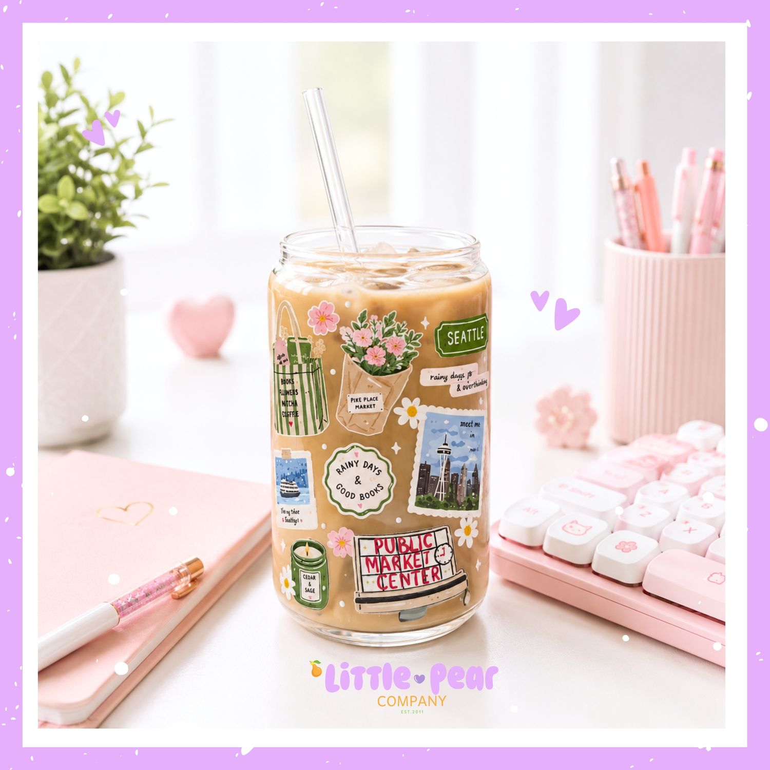 Cute Seattle Glass Can Cup - Kawaii Drinkware Lovers for Iced Matcha or Iced Coffee