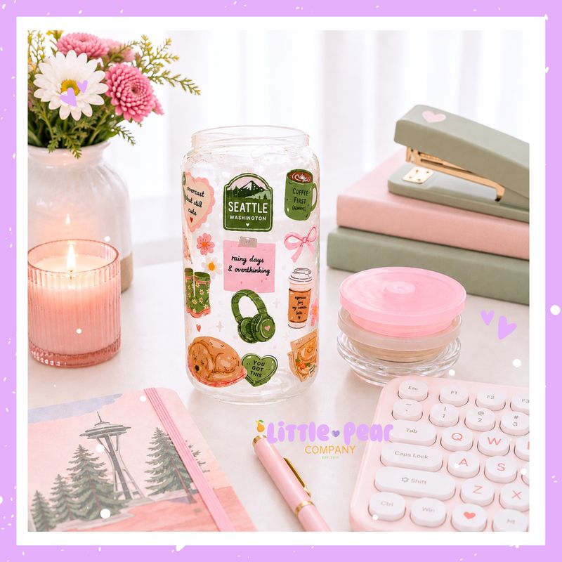 Cute Seattle Glass Can Cup - Kawaii Drinkware Lovers for Iced Matcha or Iced Coffee