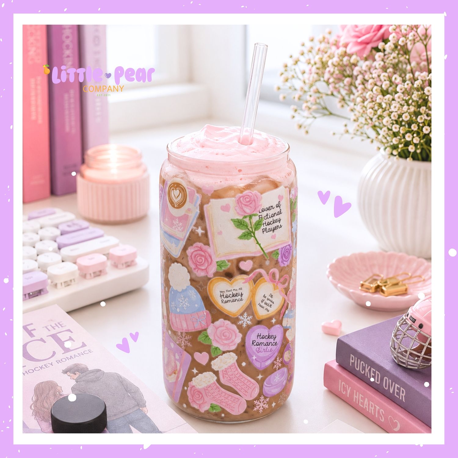 Hockey Romance Glass Can Cup - Pastel Bookish Girlie Cup - Hockey Book Lover Cup