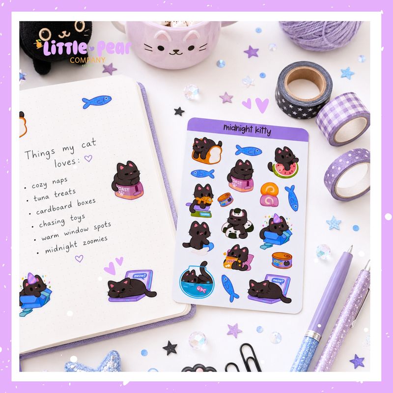 Midnight Kitty Sticker Sheet - Kawaii Cat Stickers - Cute Kitten Stickers