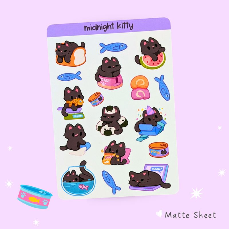 Midnight Kitty Sticker Sheet - Kawaii Cat Stickers - Cute Kitten Stickers