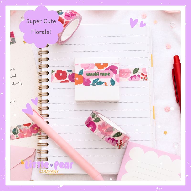 Cute Pink Floral Washi Tape 15mm - Decorative Kawaii Masking Tape - Flower Washi