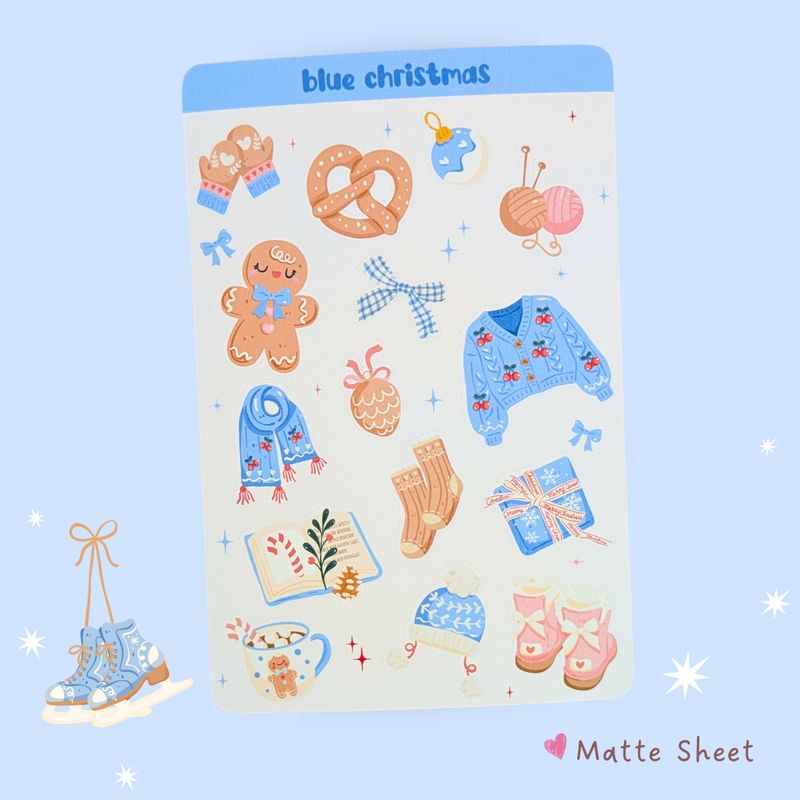 Blue Christmas Sticker Sheet - Cute Christmas Stickers - Kawaii Winter Stickers