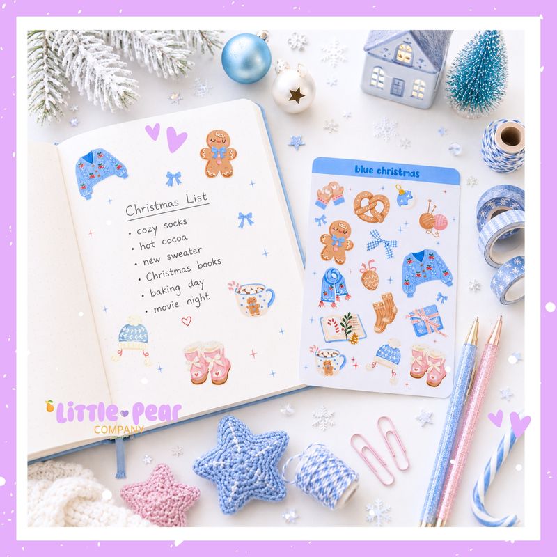 Blue Christmas Sticker Sheet - Cute Christmas Stickers - Kawaii Winter Stickers