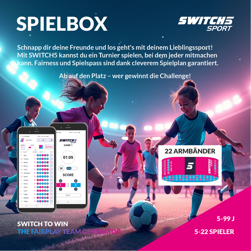 JUNIORS SPIELBOX22  - Der Freizeitspass für bis zu 22 Spieler im Alter von 7-13 Jahre mit SWITCH5 Armbänder in Magenta-Cyan