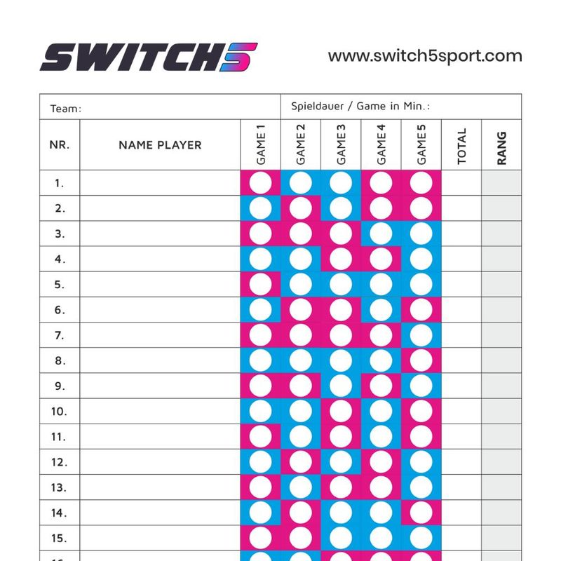 HANDOUT SWITCH5 SPIELPLAN in den Farben Pink &amp; Blue