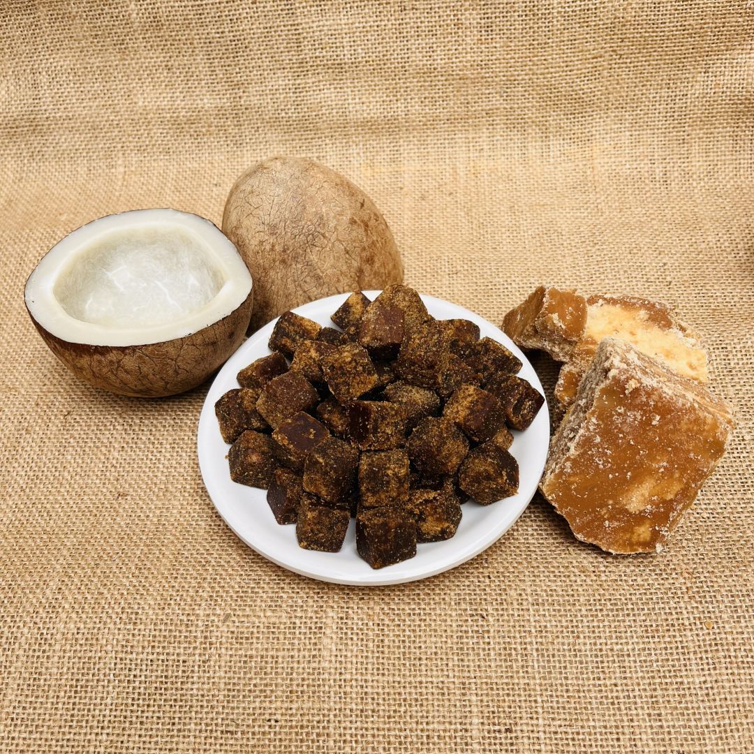 Organic Coconut Jaggery Cubes made with 50% jaggery and 50% kopra - natural healthy sweet snack