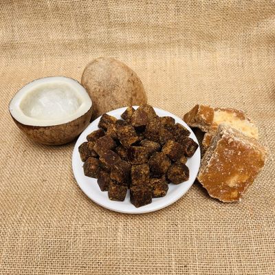 Organic Coconut Jaggery Cubes made with 50% jaggery and 50% kopra - natural healthy sweet snack