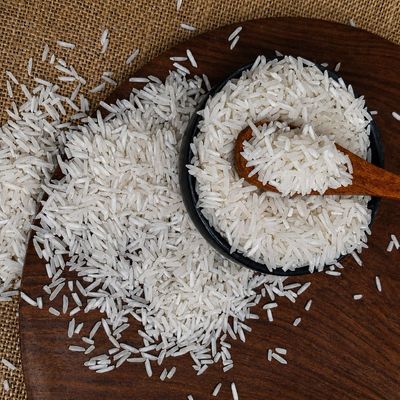 Long-grain 1121 Basmati rice with slender white grains, naturally grown for fragrant biryanis, pulao and everyday meals.