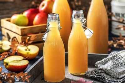 Organic apple juice made from fresh Royal Delicious apples, cold pressed and raw