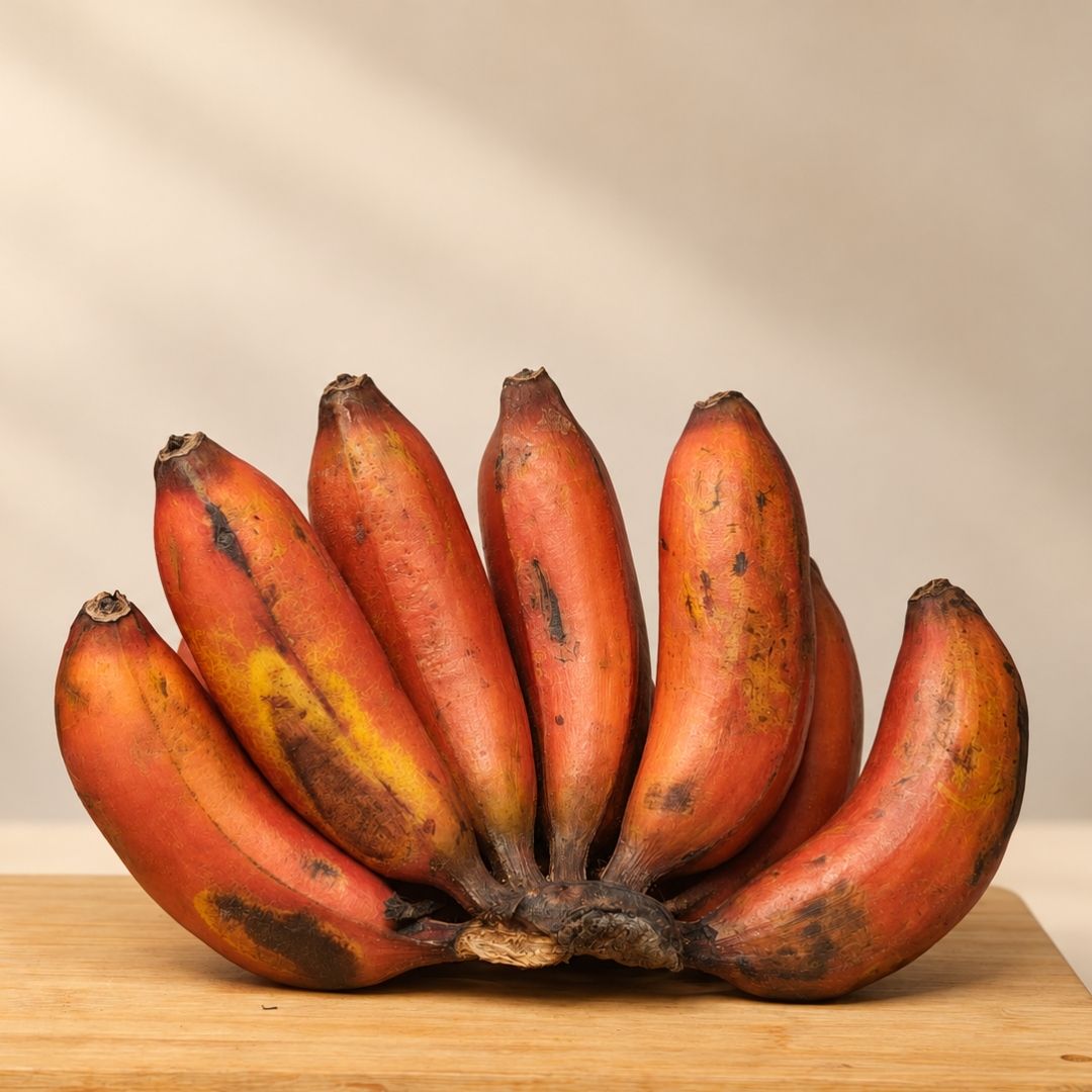Organic Red Banana with naturally sweet, creamy flesh, distinctive red peel and rich antioxidant content.