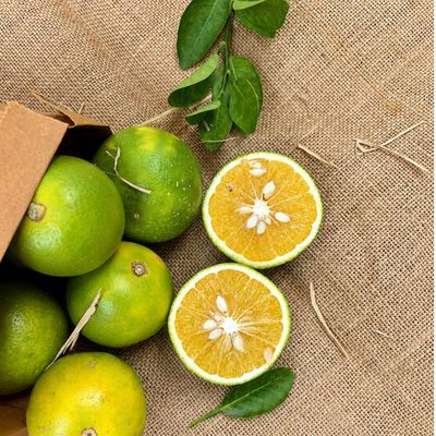 Organic Sweet Lime Mausambi, whole and halved, showing juicy golden flesh, seeds, green rind and fresh leaves on rustic jute.