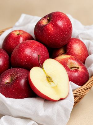 Richared apples with deep red skin in a wicker basket, featuring a sliced apple revealing its creamy white flesh.
