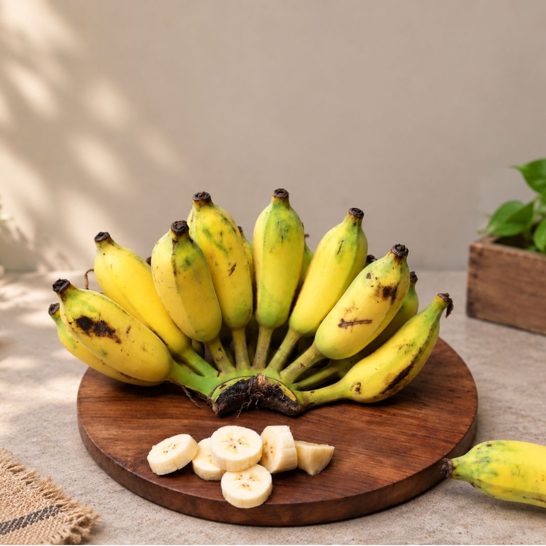 Organic Honey Banana (Karpuravalli), naturally sweet Indian banana with creamy flesh and rich honey-like flavour.