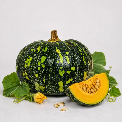Organic Green Pumpkin with vibrant orange flesh and seeds, naturally providing vitamin C, potassium and dietary fibre.