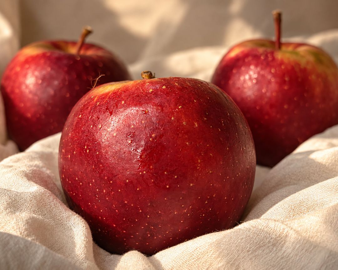 Certified organic Red Gold apples from Kinnaur on cream linen with a deep crimson apple in front and two apples close behind.