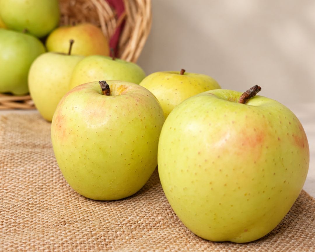 Golden apples from an organic Kinnaur orchard arranged on burlap beside a basket, showing pale yellow skin with a rosy blush.