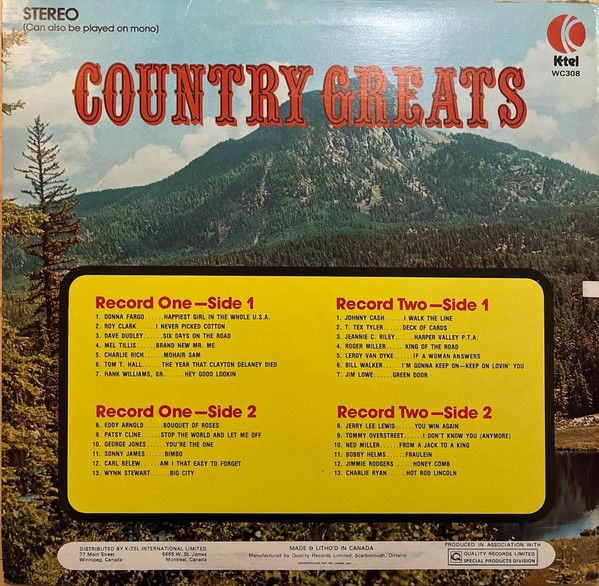 Various – Country Greats, Ktel (VG, 1974, 2LP, K-Tel – WC308)