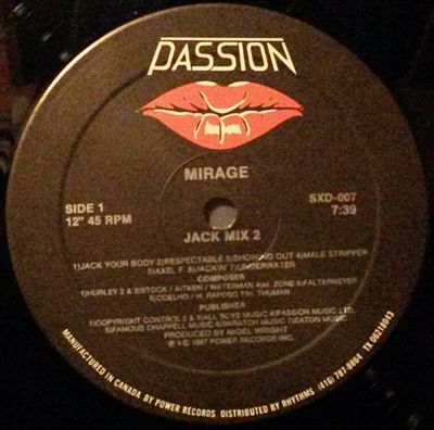 Mirage – Jack Mix 2 / Jack Mix 3 (VG, 1987, 12" 45 RPM, Passion – SXD-007, Canada)