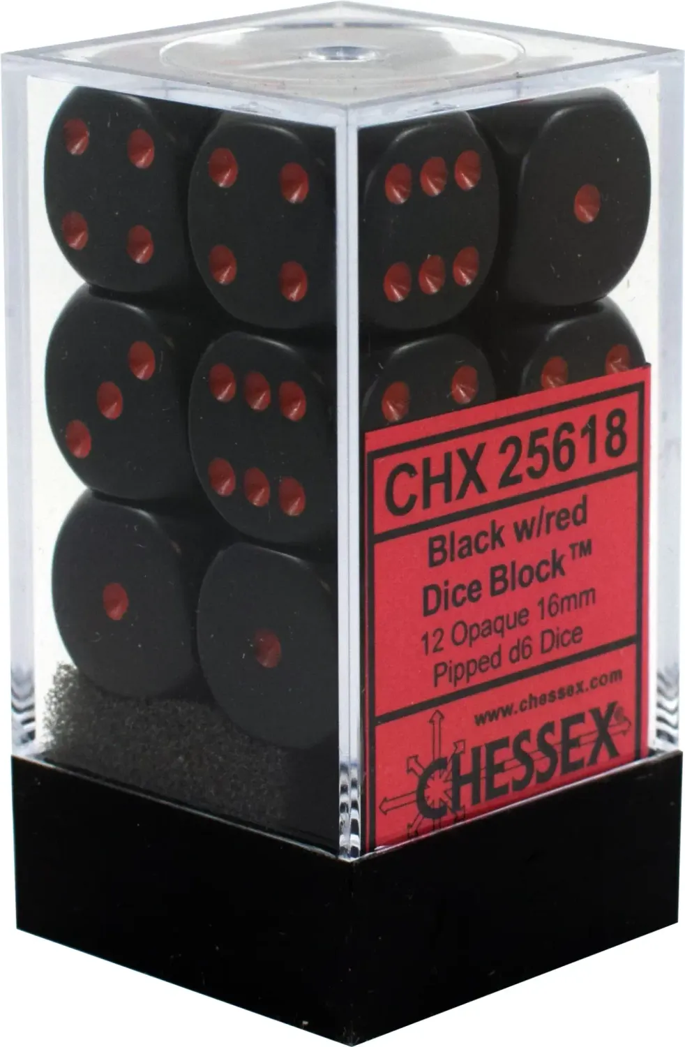 Chessex (16mm D6 x12) CHX25618 Opaque Black/Red