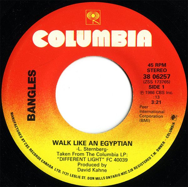 Bangles – Walk Like An Egyptian / Angels Don't Fall In Love (VG, 1986, 7", 45 RPM, Columbia – 38 06257)