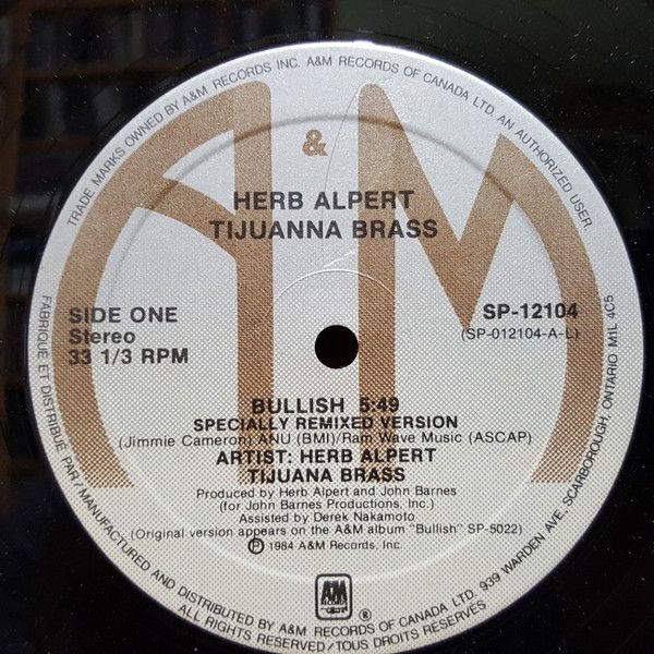 Herb Alpert Tijuana Brass – Bullish / Oriental Eyes (VG+, 1984, Vinyl, 12", 33 ⅓ RPM, Maxi-Single, A&amp;M Records – SP-12104) DSG