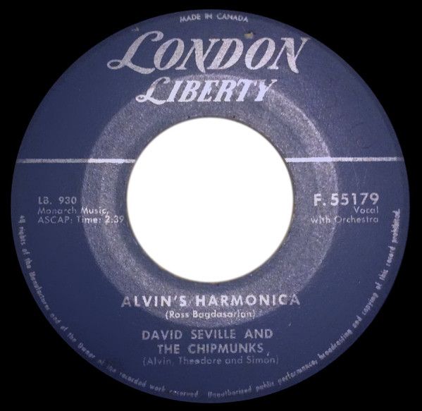 David Seville And The Chipmunks – Alvin&#39;s Harmonica / Mediocre (VG, 1959, 7&quot;, 45 RPM, London Liberty – F. 55179) JSCU