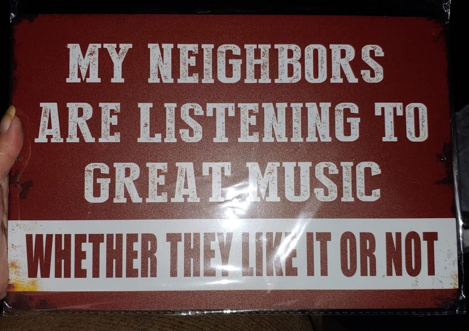 My Neighbors Are Listening to Great Music (8x12) Tin Painting